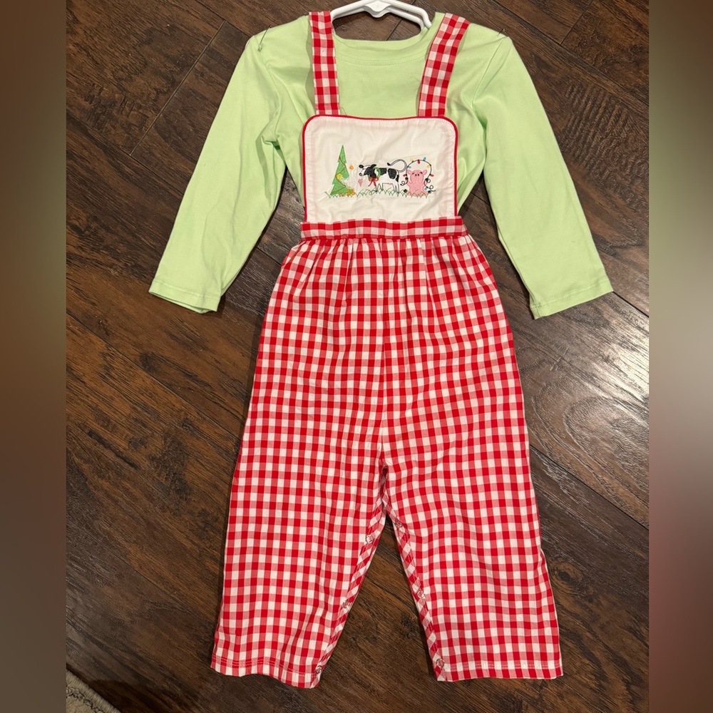 Red Checkered Kids Overalls with Farm Animals!